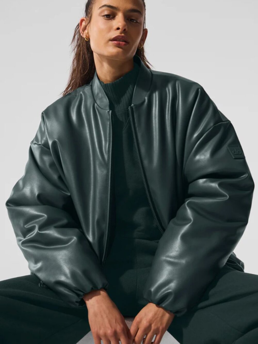 Alo Faux Leather Premier Bomber Charcoal Green XXS, NWOT Like New
